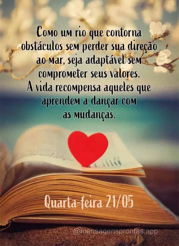Como um rio que contorna obstáculos sem perder sua direção ao mar, seja adaptável sem comprometer seus valores. A vida recompensa aqueles que aprende...