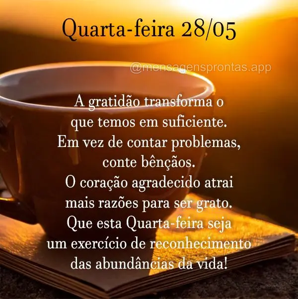 A gratidão transforma o que temos em suficiente. Em vez de contar problemas, conte bênçãos. O coração agradecido atrai mais razões para ser grato....