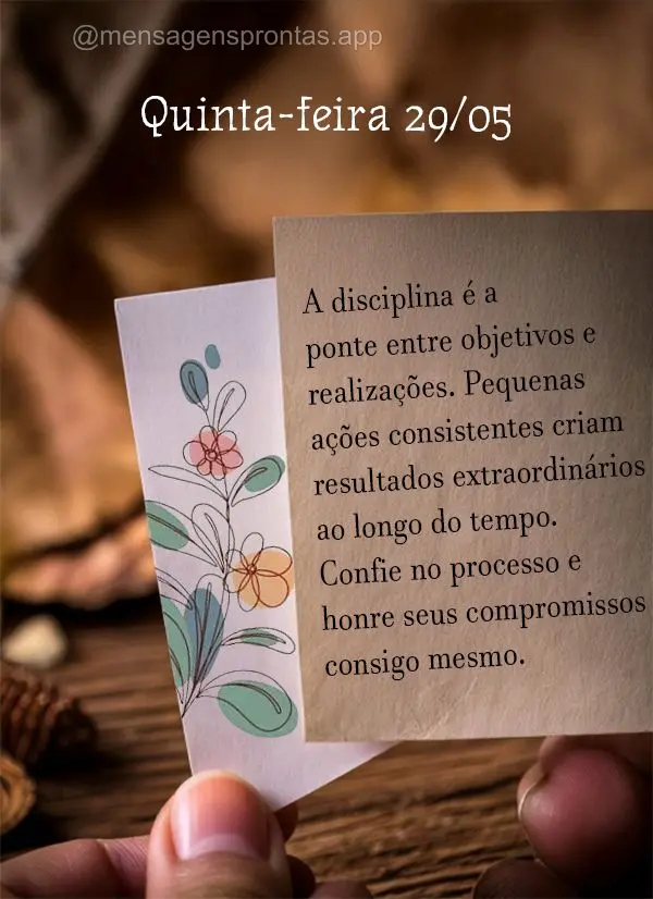 A disciplina é a ponte entre objetivos e realizações. Pequenas ações consistentes criam resultados extraordinários ao longo do tempo. Confie no pro...