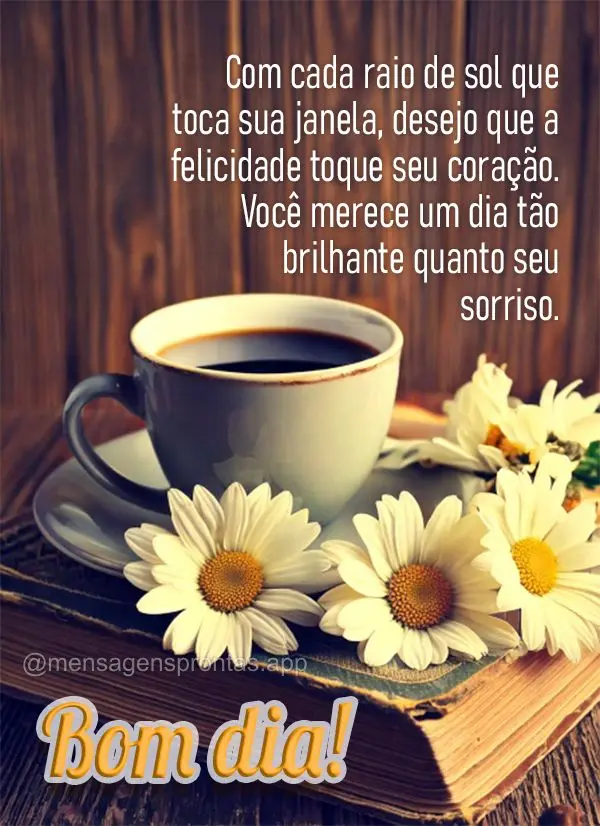Com cada raio de sol que toca sua janela, desejo que a felicidade toque seu coração. Você merece um dia tão brilhante quanto seu sorriso. Bom dia!