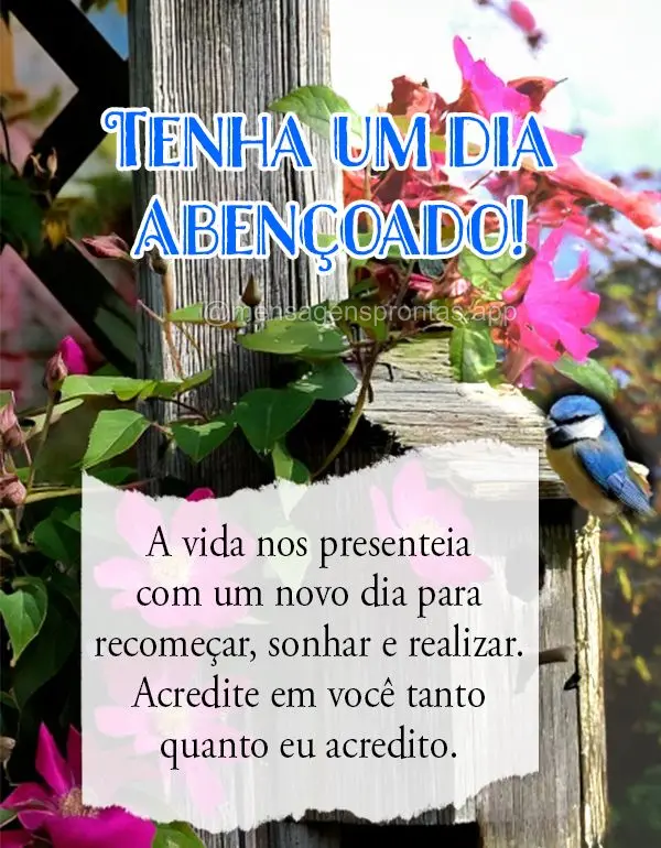 A vida nos presenteia com um novo dia para recomeçar, sonhar e realizar. Acredite em você tanto quanto eu acredito. Tenha um dia abençoado!