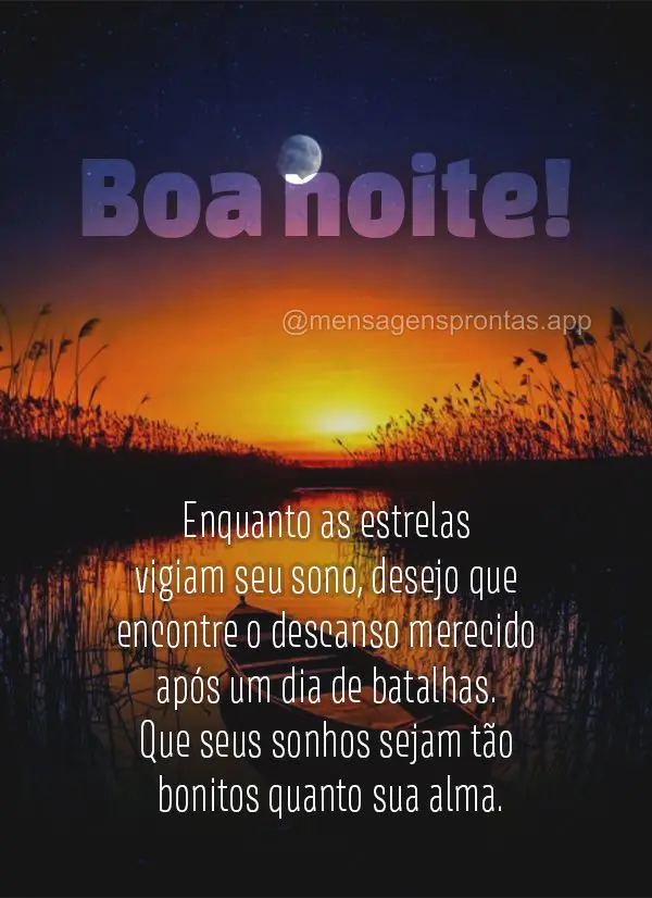 Enquanto as estrelas vigiam seu sono, desejo que encontre o descanso merecido após um dia de batalhas. Que seus sonhos sejam tão bonitos quanto sua alm...