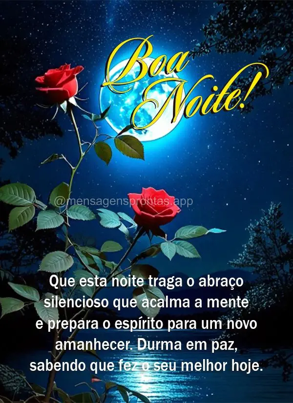 Que esta noite traga o abraço silencioso que acalma a mente e prepara o espírito para um novo amanhecer. Durma em paz, sabendo que fez o seu melhor hoj...