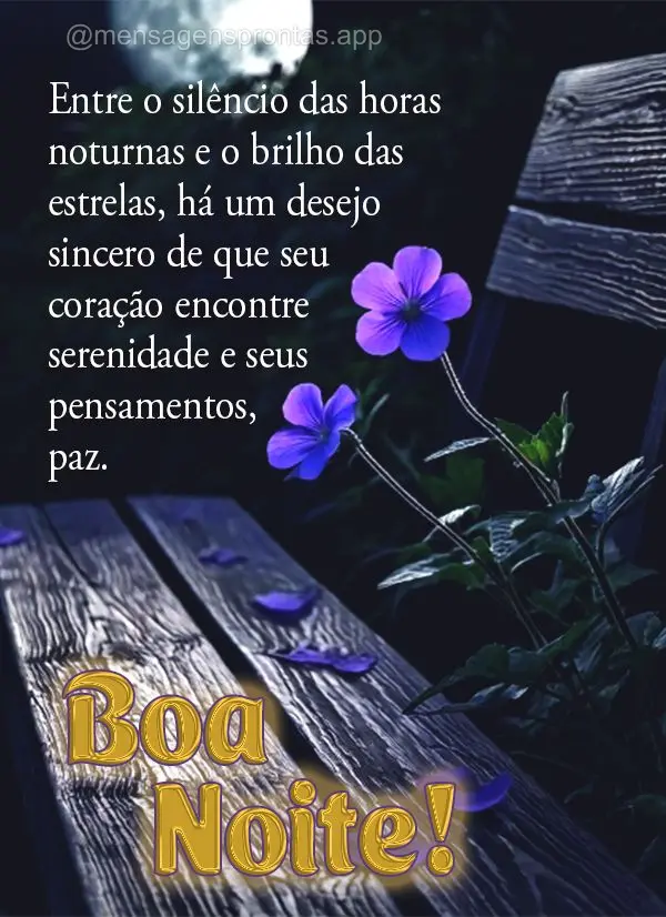 Entre o silêncio das horas noturnas e o brilho das estrelas, há um desejo sincero de que seu coração encontre serenidade e seus pensamentos, paz.  Bo...