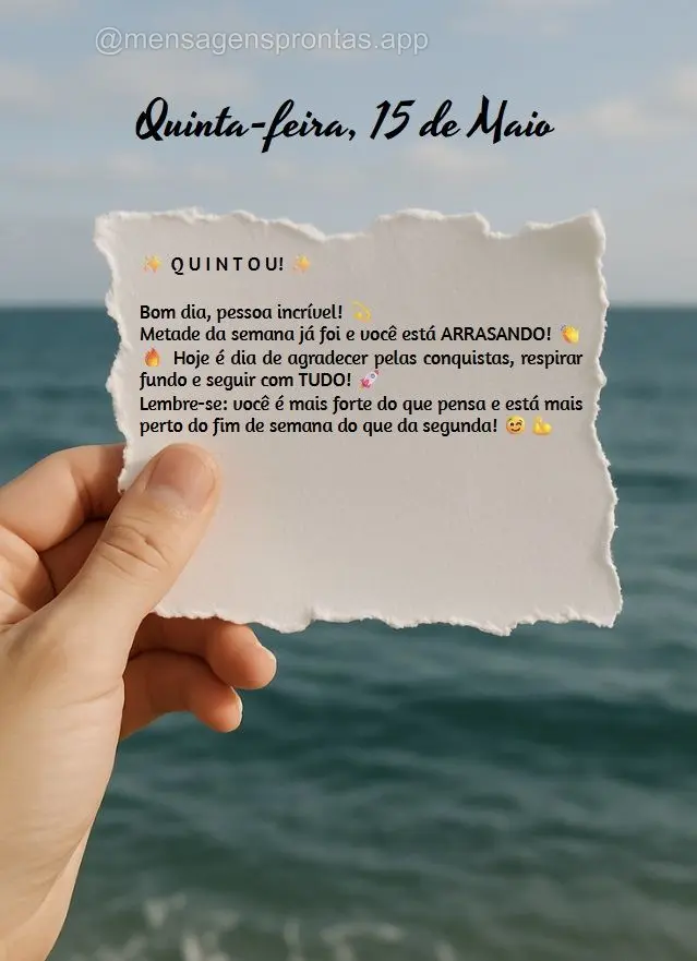 ✨ Q U I N T O U! ✨

Bom dia, pessoa incrível! 💫
Metade da semana já foi e você está ARRASANDO! 👏🔥 Hoje é dia de agradecer pelas conq...