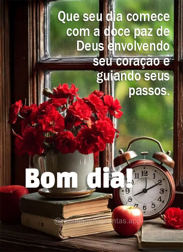 Que seu dia comece com a doce paz de Deus envolvendo seu coração e guiando seus passos. Bom dia!