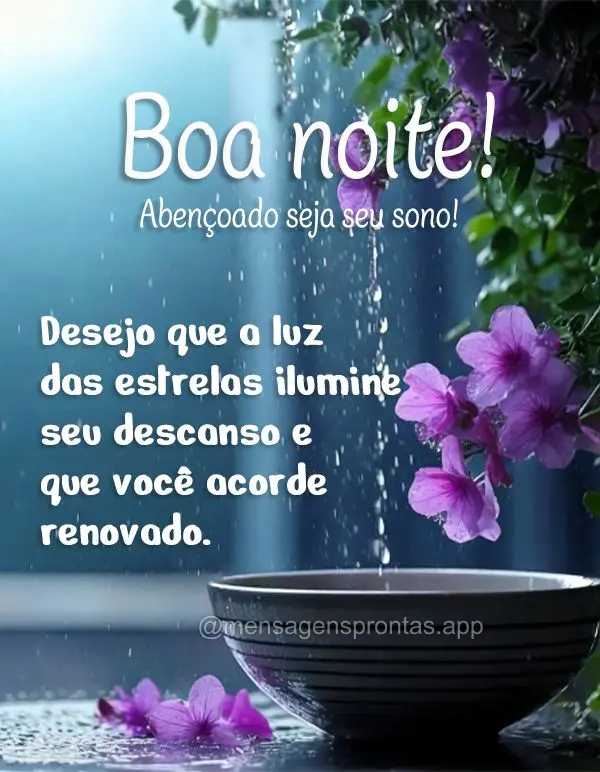 Desejo que a luz das estrelas ilumine seu descanso e que você acorde renovado.  Boa noite! Abençoado seja seu sono!