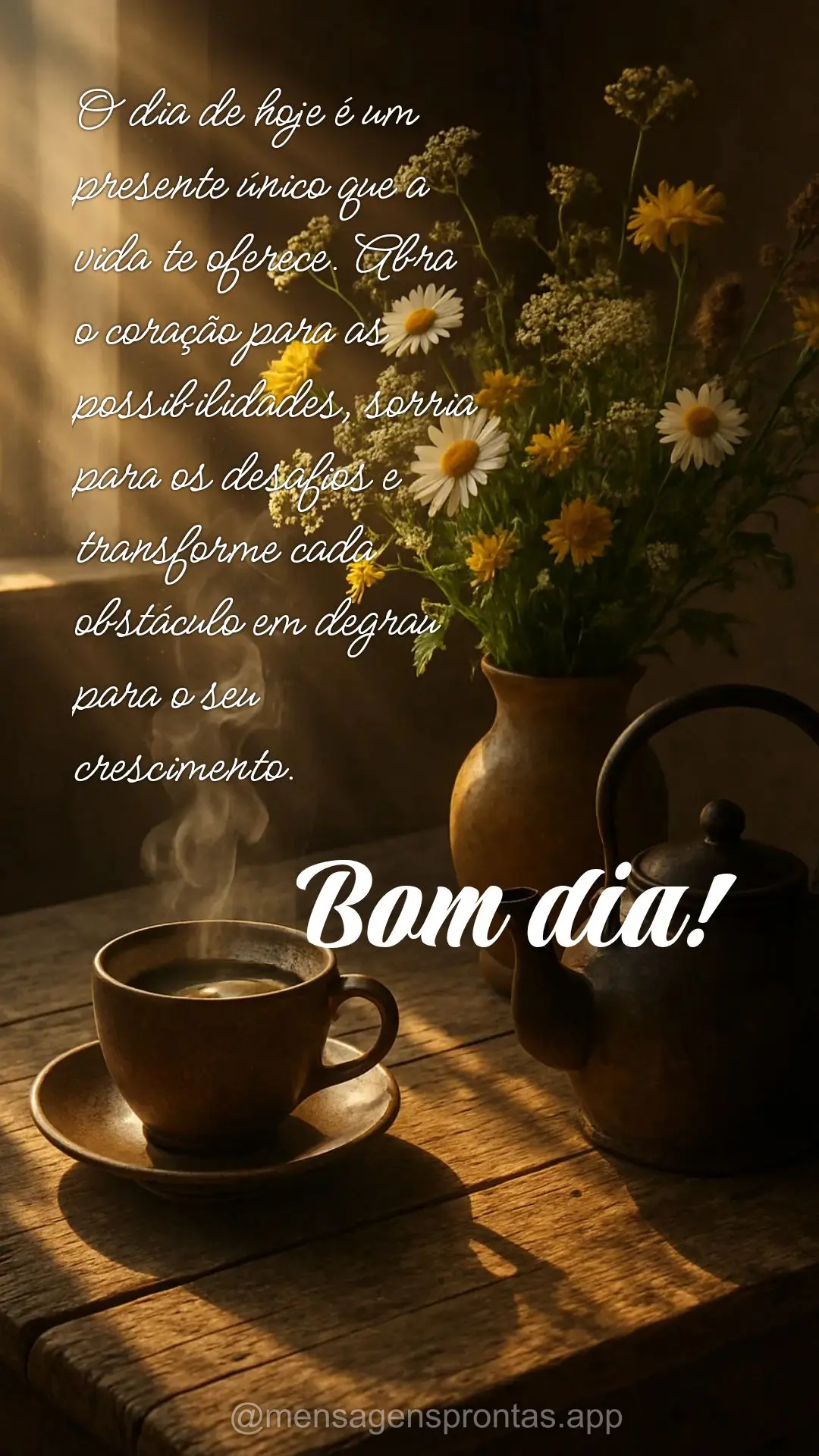 O dia de hoje é um presente único que a vida te oferece. Abra 
o coração para as possibilidades, sorria para os desafios e transforme cada obstácul...