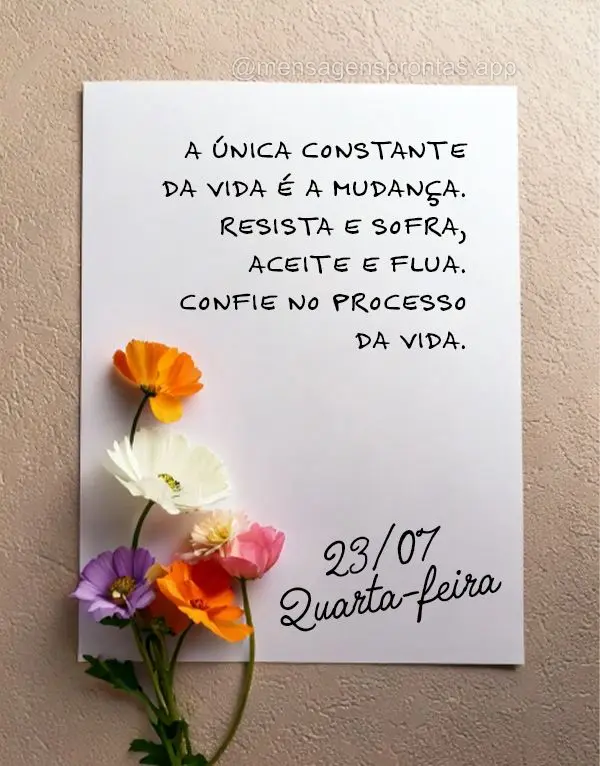 A única constante da vida é a mudança. Resista e sofra, aceite e flua. Confie no processo da vida. 23/07 Quarta-feira