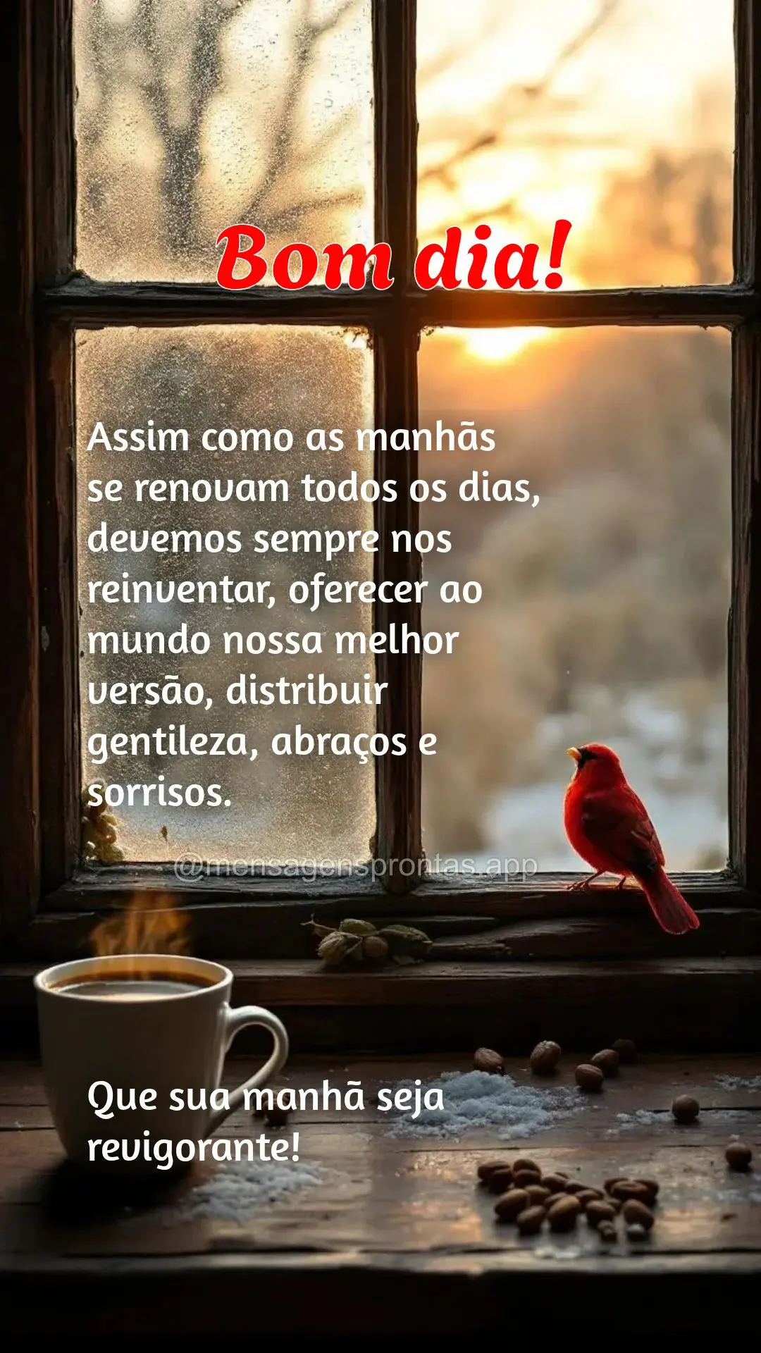 Assim como as manhãs 
se renovam todos os dias, devemos sempre nos reinventar, oferecer ao 
mundo nossa melhor 
versão, distribuir 
gentileza, abra...