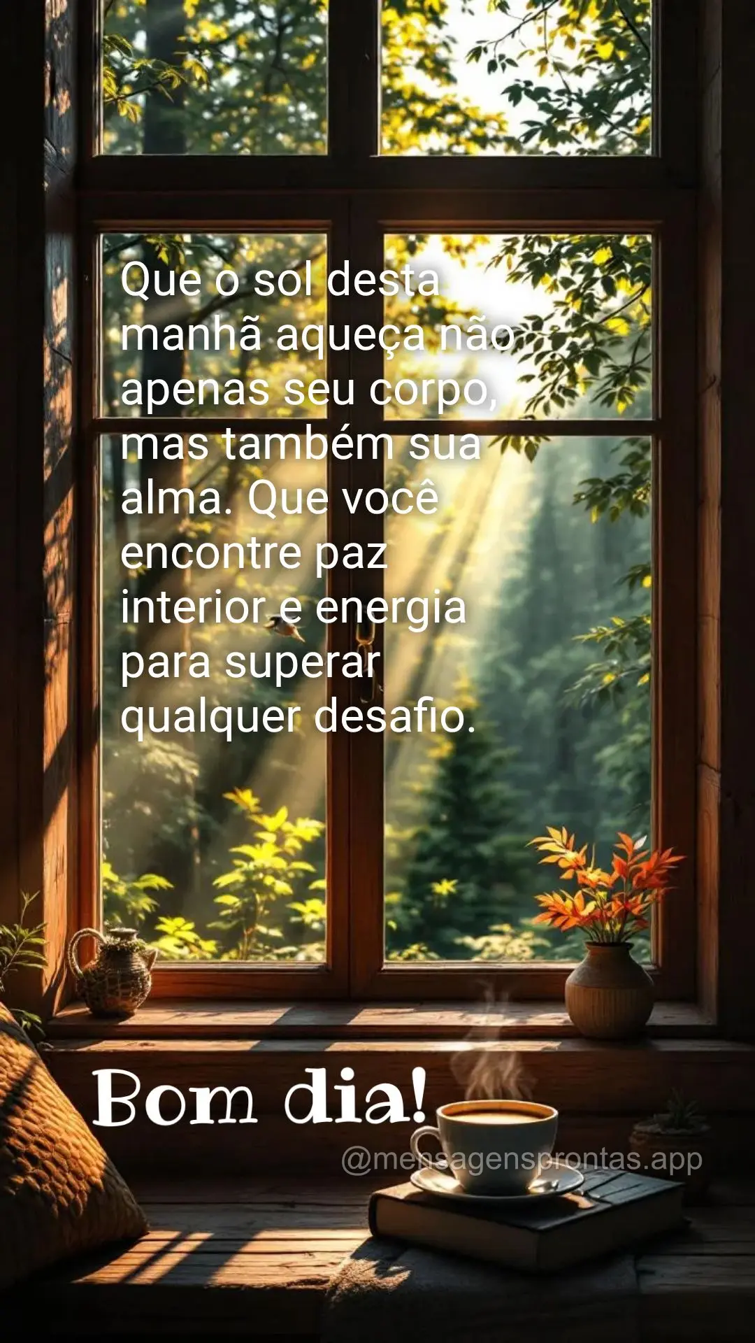 Que o sol desta manhã aqueça não apenas seu corpo, mas também sua alma. Que você encontre paz interior e energia para superar qualquer desafio. Bom ...