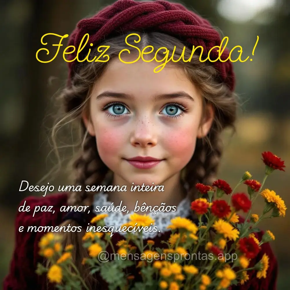 Desejo uma semana inteira de paz, amor, saúde, bênçãos e momentos inesquecíveis.  Feliz Segunda!