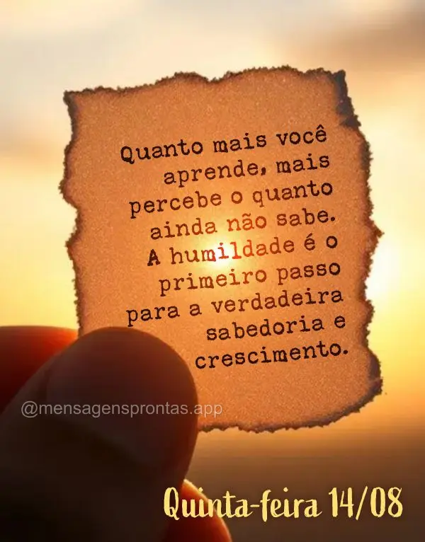 Quanto mais você aprende, mais percebe o quanto ainda não sabe. A humildade é o primeiro passo para a verdadeira sabedoria e crescimento. Quinta-feira...