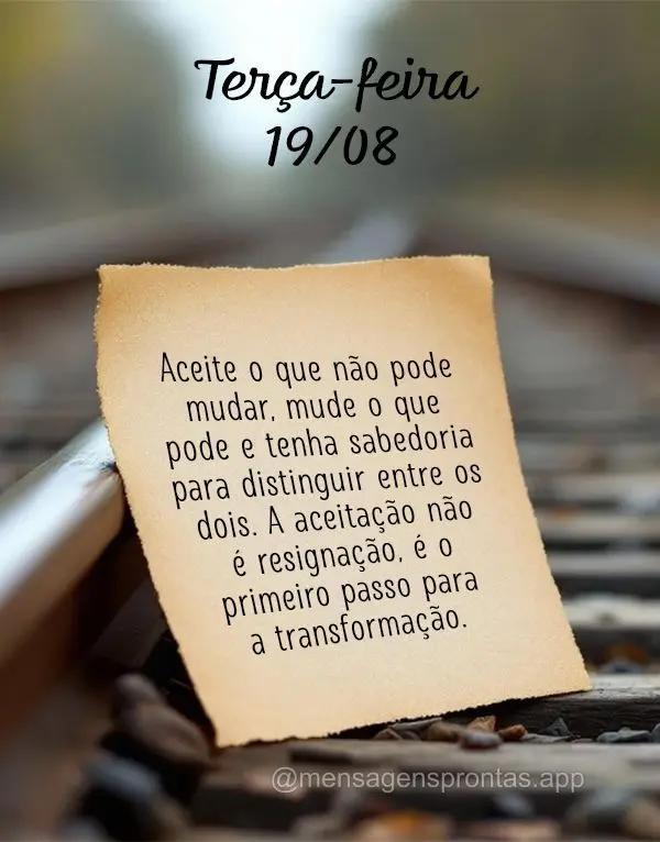 Aceite o que não pode mudar, mude o que pode e tenha sabedoria para distinguir entre os dois. A aceitação não é resignação, é o primeiro passo pa...