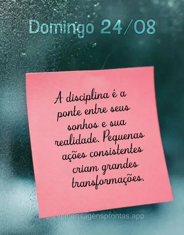 A disciplina é a ponte entre seus sonhos e sua realidade. Pequenas ações consistentes criam grandes transformações. Domingo 24/08