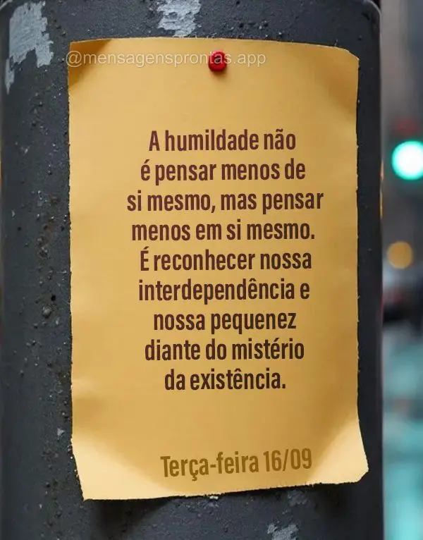 A humildade não é pensar menos de si mesmo, mas pensar menos em si mesmo. É reconhecer nossa interdependência e nossa pequenez diante do mistério da...