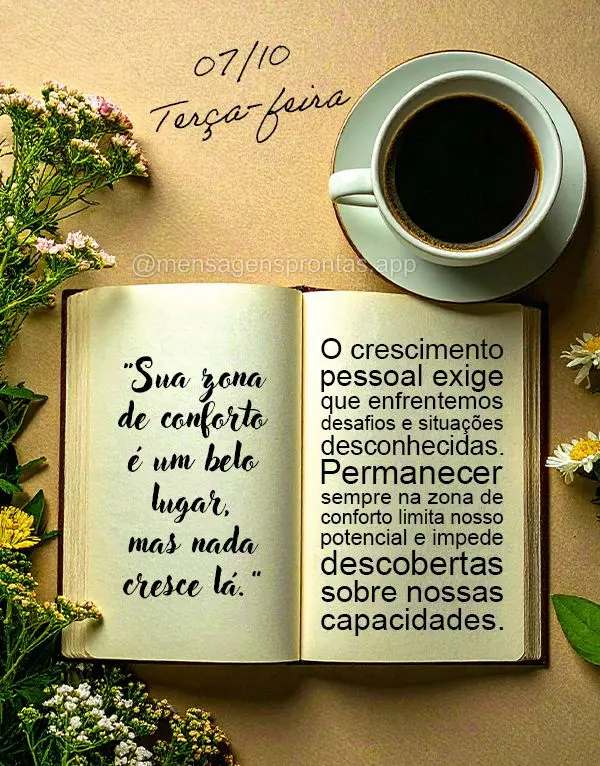 "Sua zona de conforto é um belo lugar, mas nada cresce lá."
O crescimento pessoal exige que enfrentemos desafios e situações desconhecidas. Permanec...