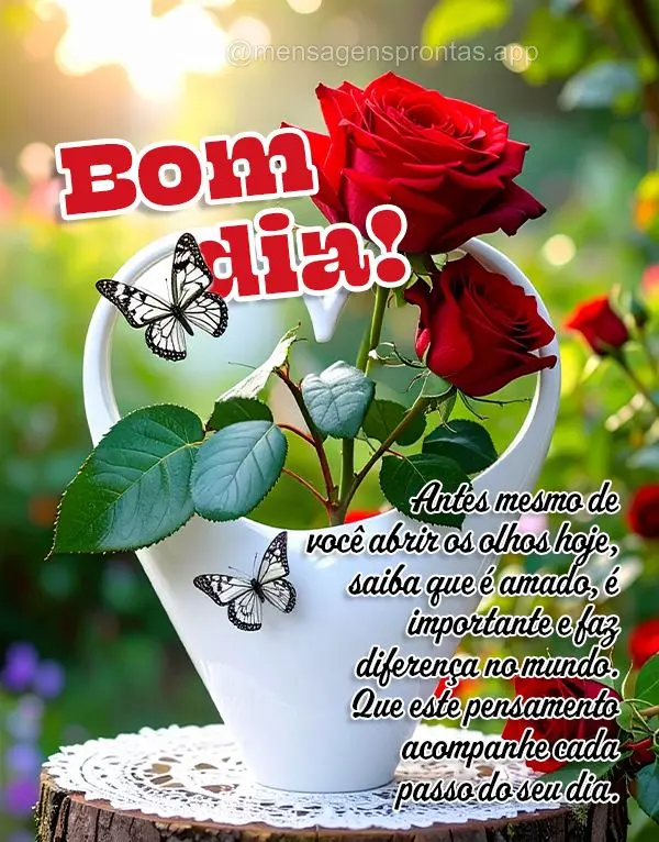 Antes mesmo de você abrir os olhos hoje, saiba que é amado, é importante e faz diferença no mundo. Que este pensamento acompanhe cada passo do seu di...