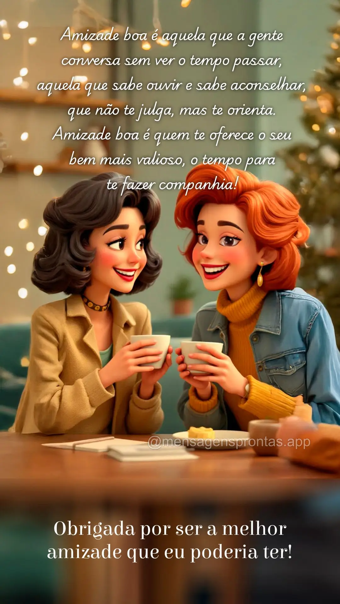 Amizade boa é aquela que a gente 
conversa sem ver o tempo passar, 
aquela que sabe ouvir e sabe aconselhar, 
que não te julga, mas te orienta. 
Am...