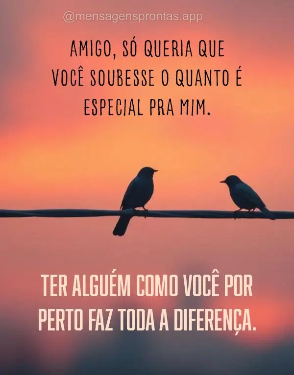Amigo, só queria que você soubesse o quanto é especial pra mim. Ter alguém como você por perto faz toda a diferença.