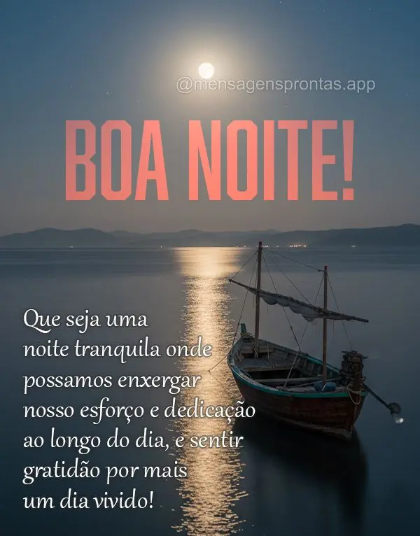 Que seja uma noite tranquila onde possamos enxergar nosso esforço e dedicação ao longo do dia, e sentir gratidão por mais um dia vivido! Boa noite!...