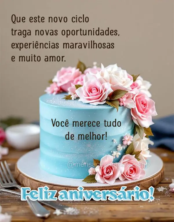 Que este novo ciclo traga novas oportunidades, experiências maravilhosas e muito amor. Você merece tudo de melhor! Feliz aniversário!
