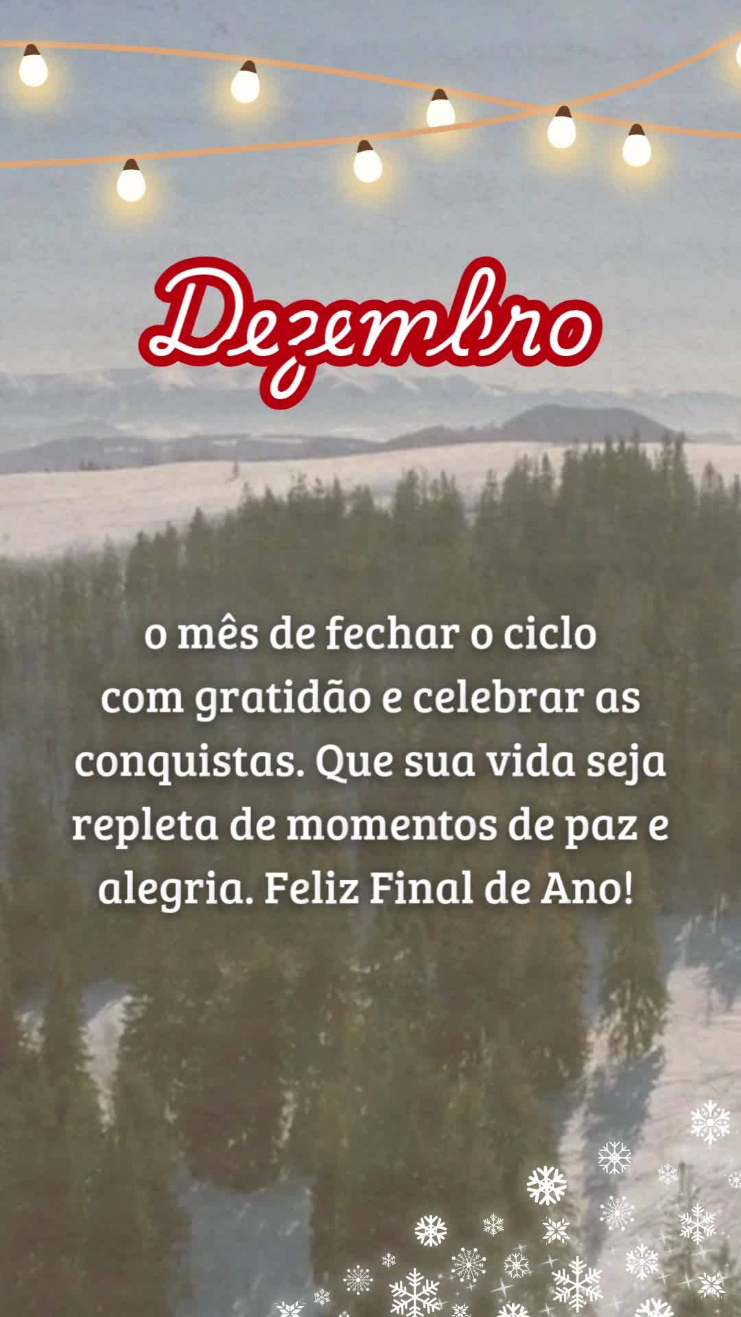 Dezembro
o mês de fechar o ciclo 
com gratidão e celebrar as conquistas. Que sua vida seja repleta de momentos de paz e alegria. Feliz Final de Ano!...