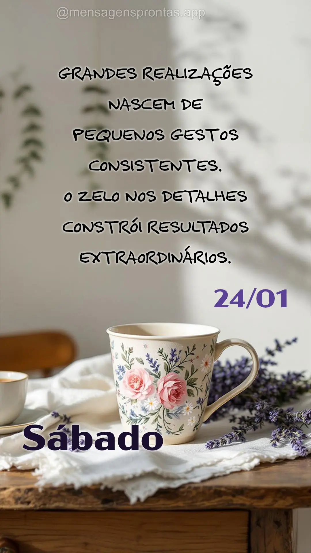 Grandes realizações nascem de pequenos gestos consistentes. O zelo nos detalhes constrói resultados extraordinários. 24/01 Sábado