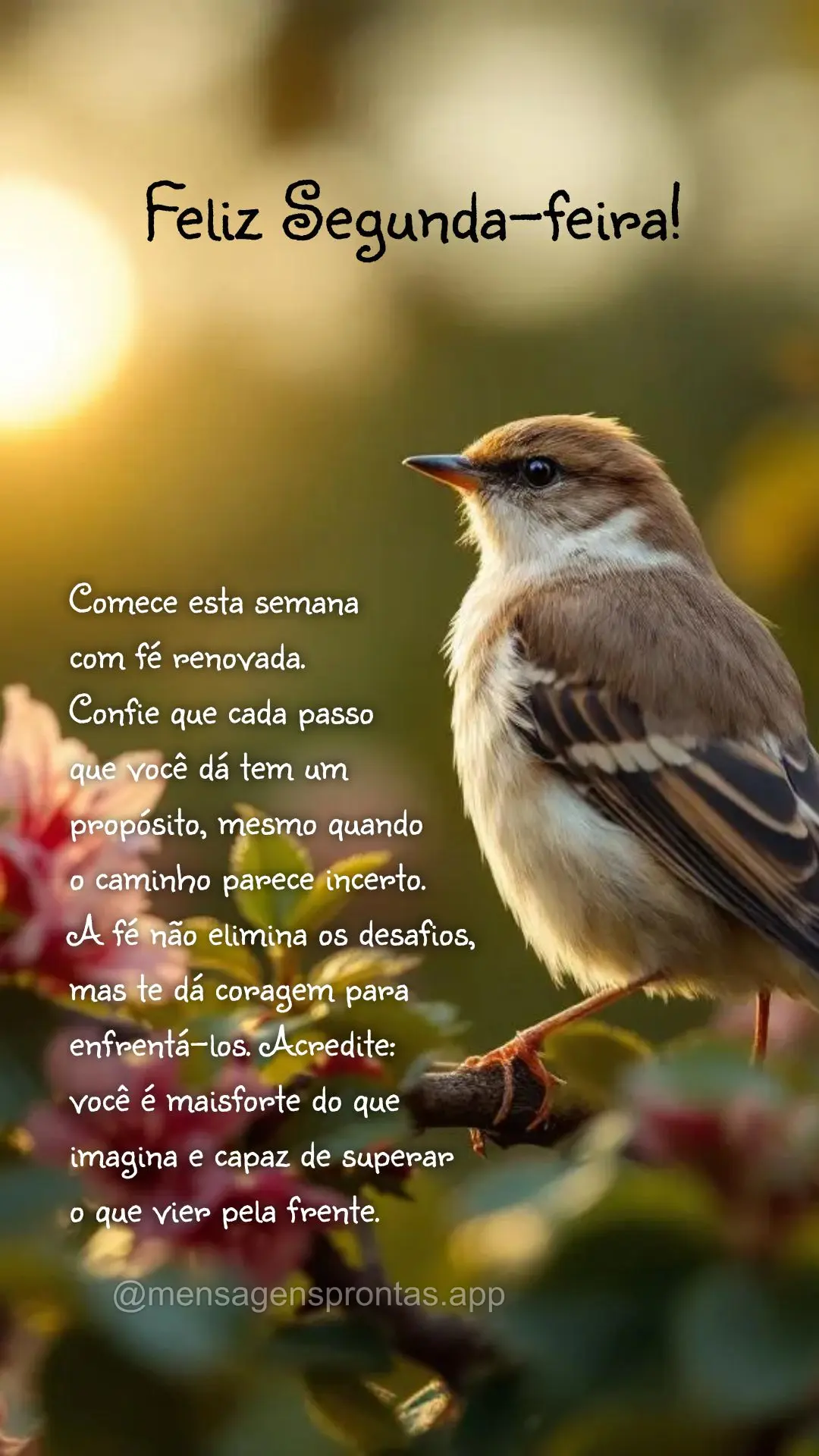 Comece esta semana 
com fé renovada. 
Confie que cada passo 
que você dá tem um propósito, mesmo quando 
o caminho parece incerto. 
A fé não e...