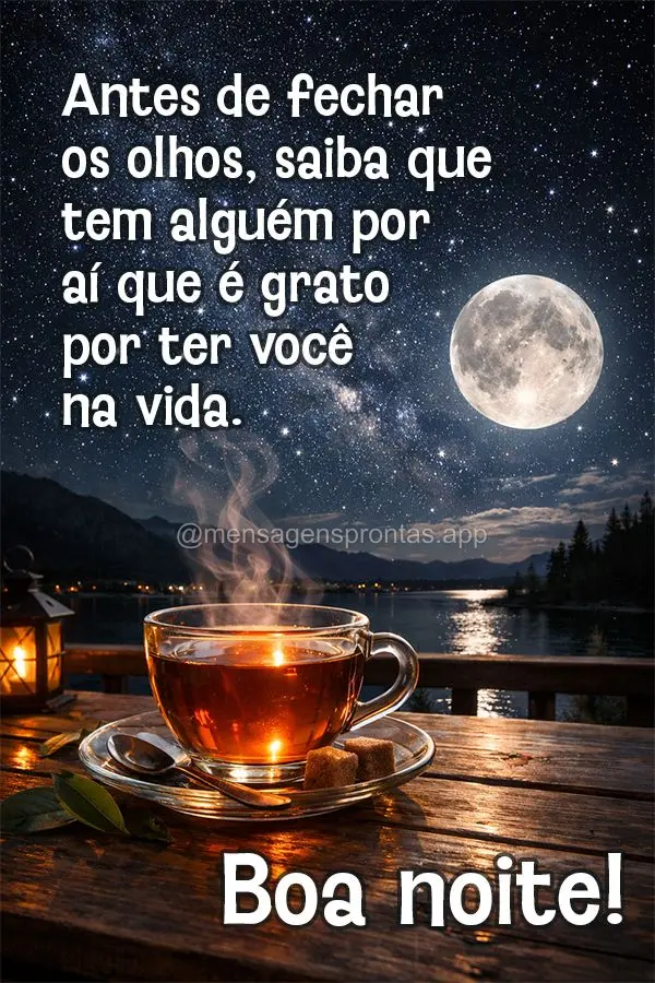 Antes de fechar os olhos, saiba que tem alguém por aí que é grato por ter você na vida. Boa noite!