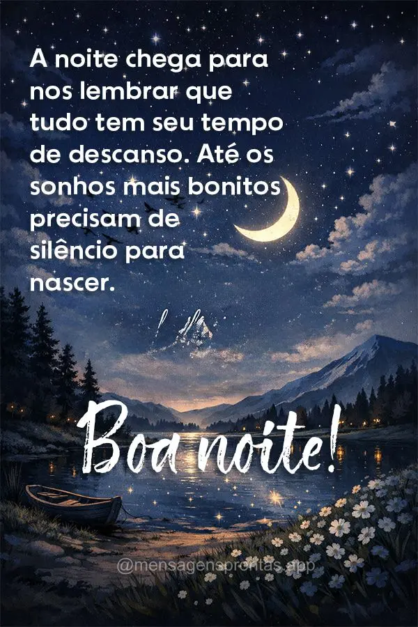A noite chega para nos lembrar que tudo tem seu tempo de descanso. Até os sonhos mais bonitos precisam de silêncio para nascer.  Boa noite!