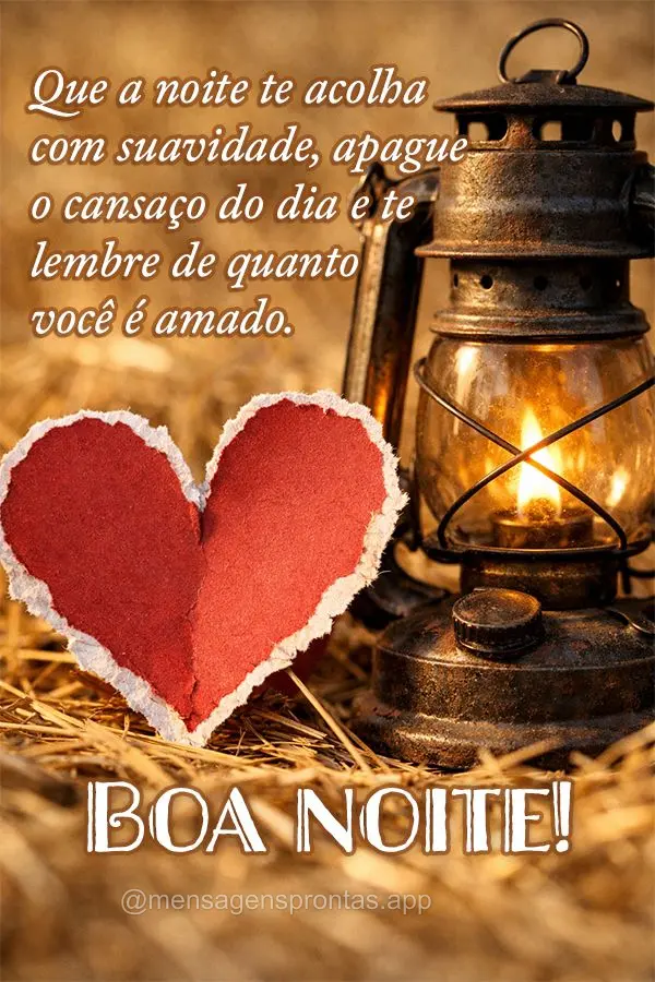Que a noite te acolha com suavidade, apague o cansaço do dia e te lembre de quanto você é amado. Boa noite!