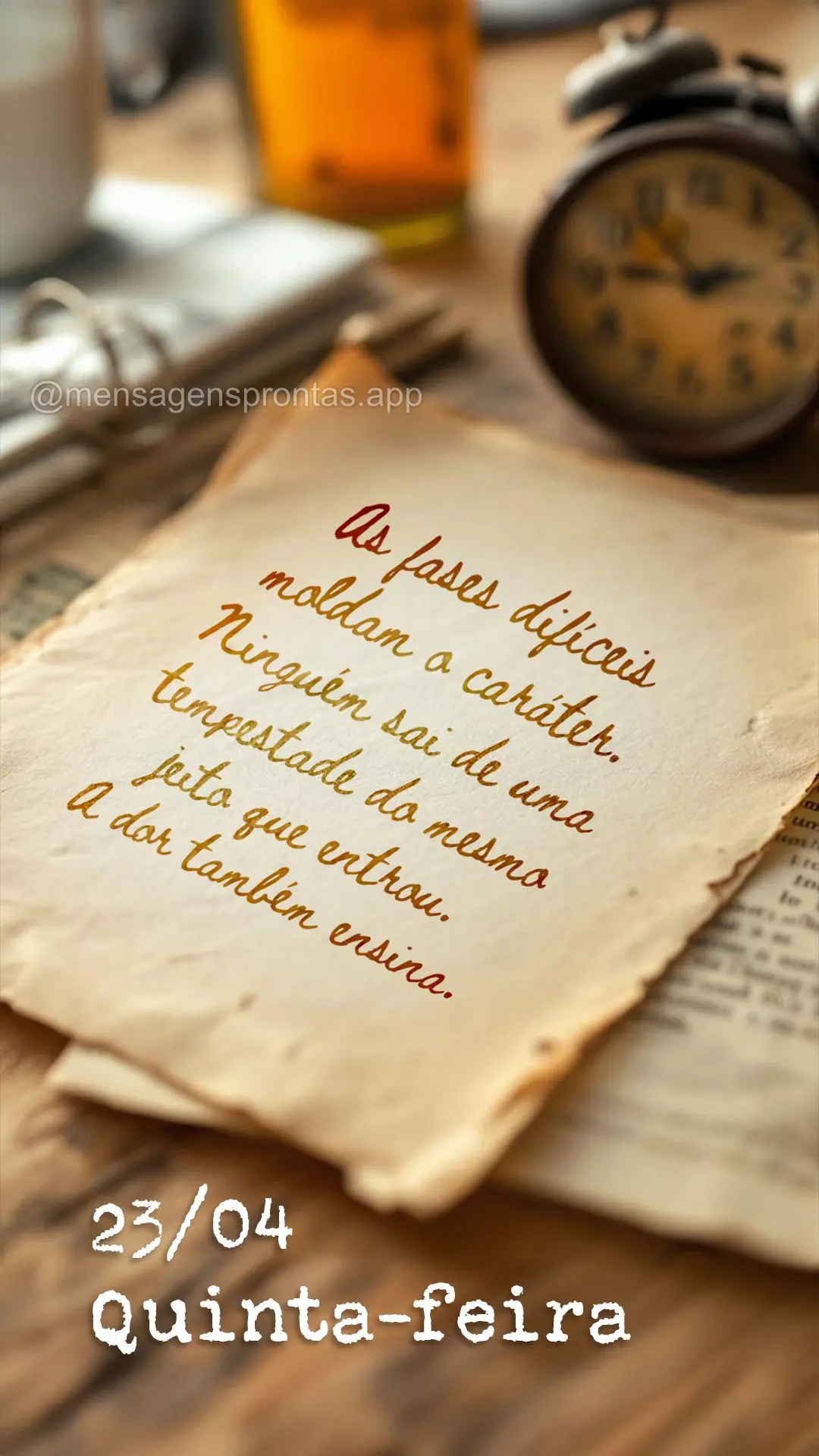 As fases difíceis moldam o caráter. Ninguém sai de uma tempestade do mesmo jeito que entrou. A dor também ensina. 23/04 Quinta-feira