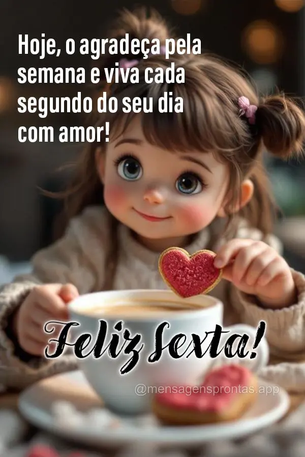 Hoje, o agradeça pela semana e viva cada segundo do seu dia com amor! Feliz Sexta!