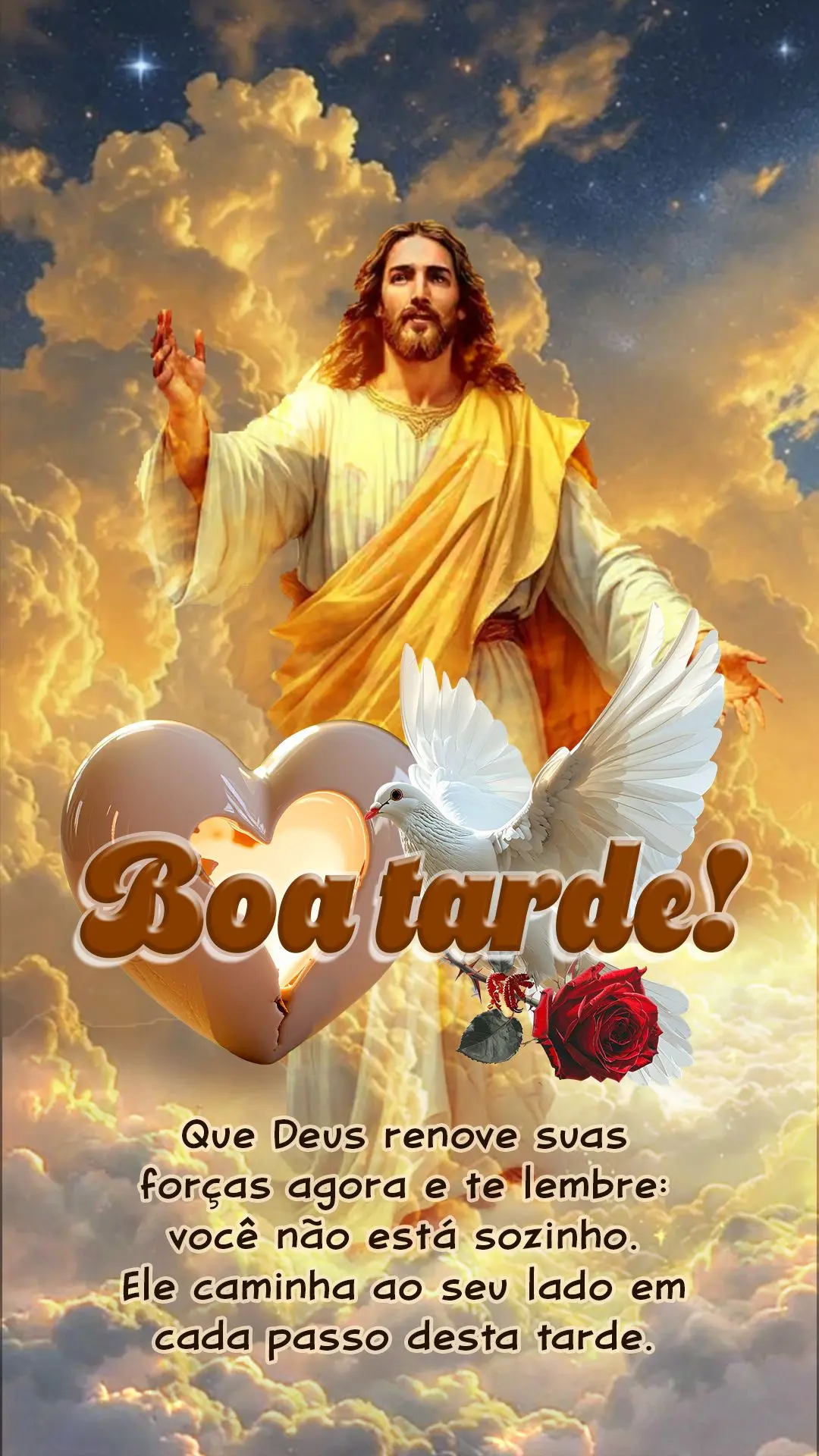 Boa tarde! Que Deus renove suas forças agora e te lembre: você não está sozinho. Ele caminha ao seu lado em cada passo desta tarde. 🙏✨