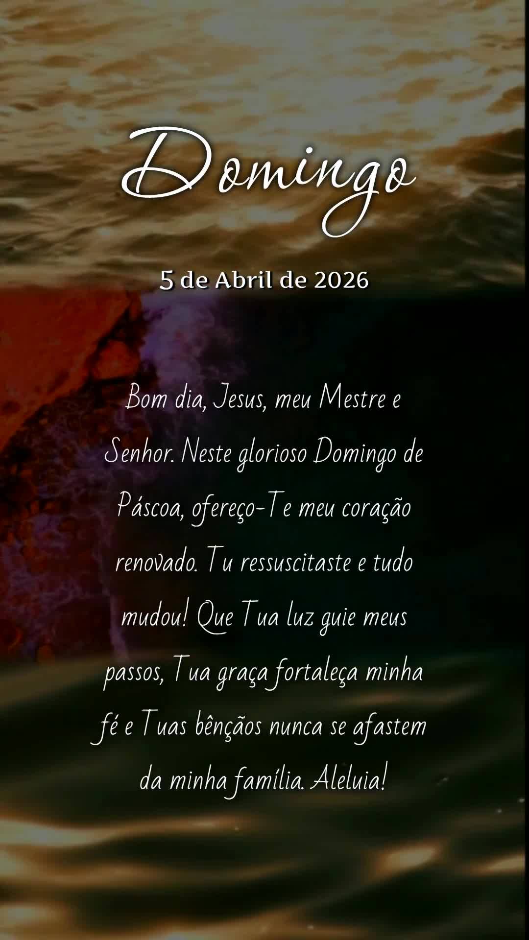 Bom dia, Jesus, meu Mestre e Senhor. Neste glorioso Domingo de Páscoa, ofereço-Te meu coração renovado. Tu ressuscitaste e tudo mudou! Que Tua luz gu...