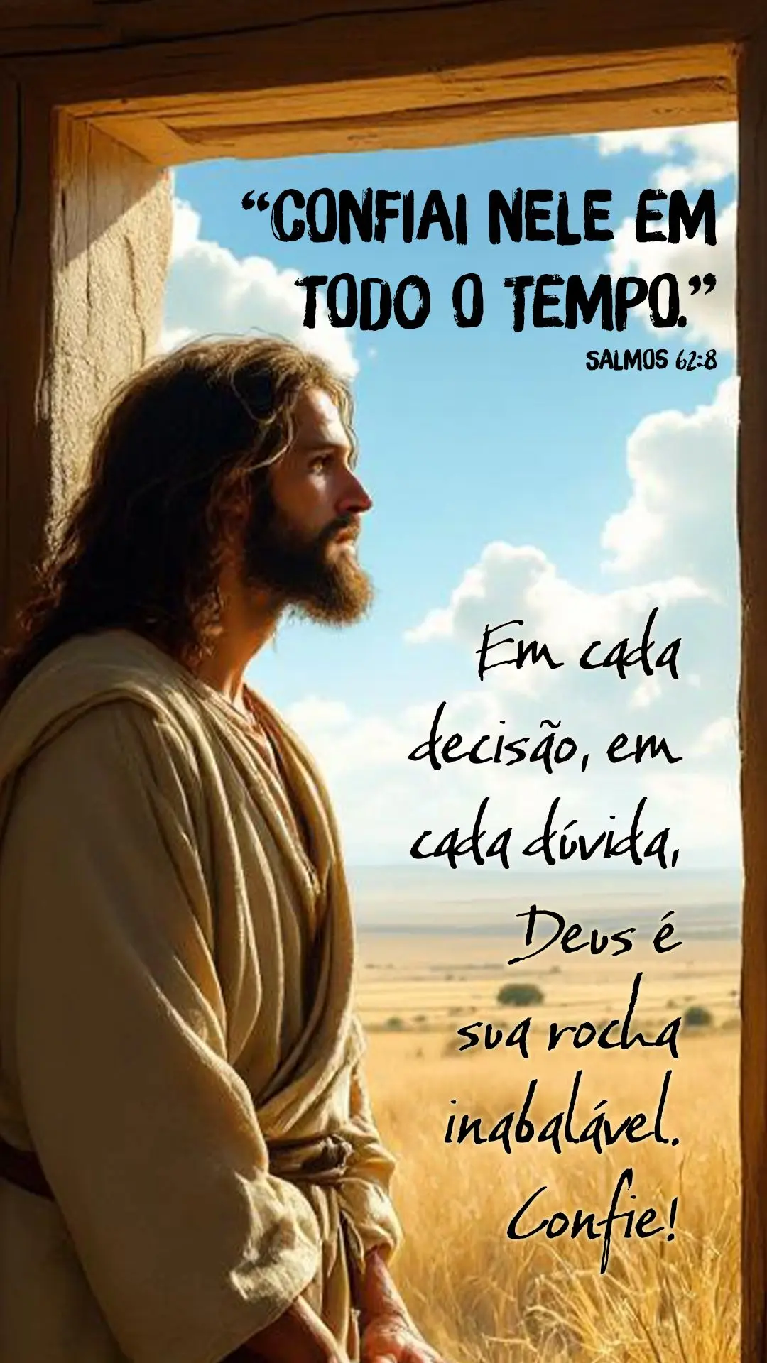 "Confiai nEle em todo o tempo." — Salmos 62:8
Em cada decisão, em cada dúvida, Deus é sua rocha inabalável. Confie!