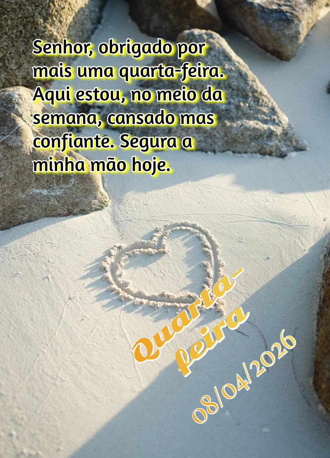 Senhor, obrigado por mais uma quarta-feira. Aqui estou, no meio da semana, cansado mas confiante. Segura a minha mão hoje. Quarta-feira