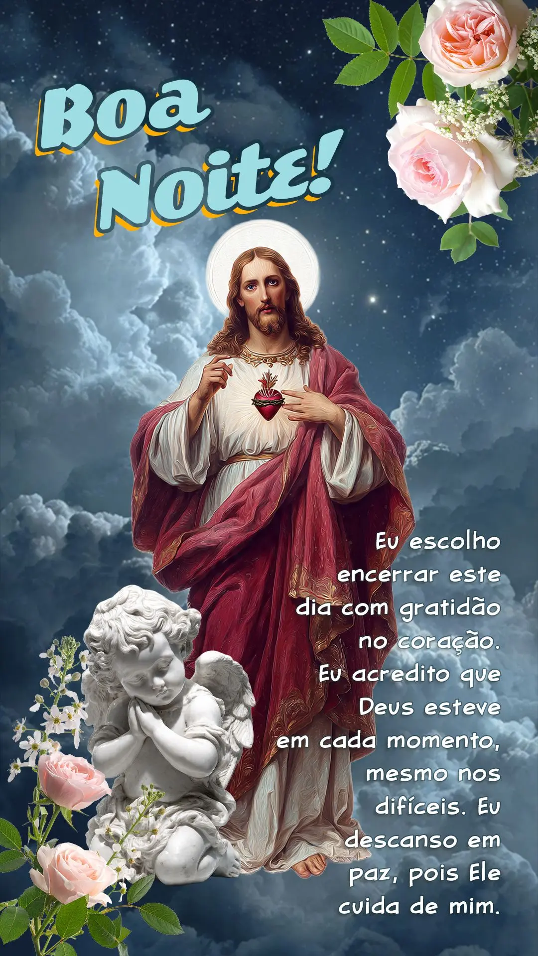 Eu escolho encerrar este dia com gratidão no coração. Eu acredito que Deus esteve em cada momento, mesmo nos difíceis. Boa noite. Eu descanso em paz,...