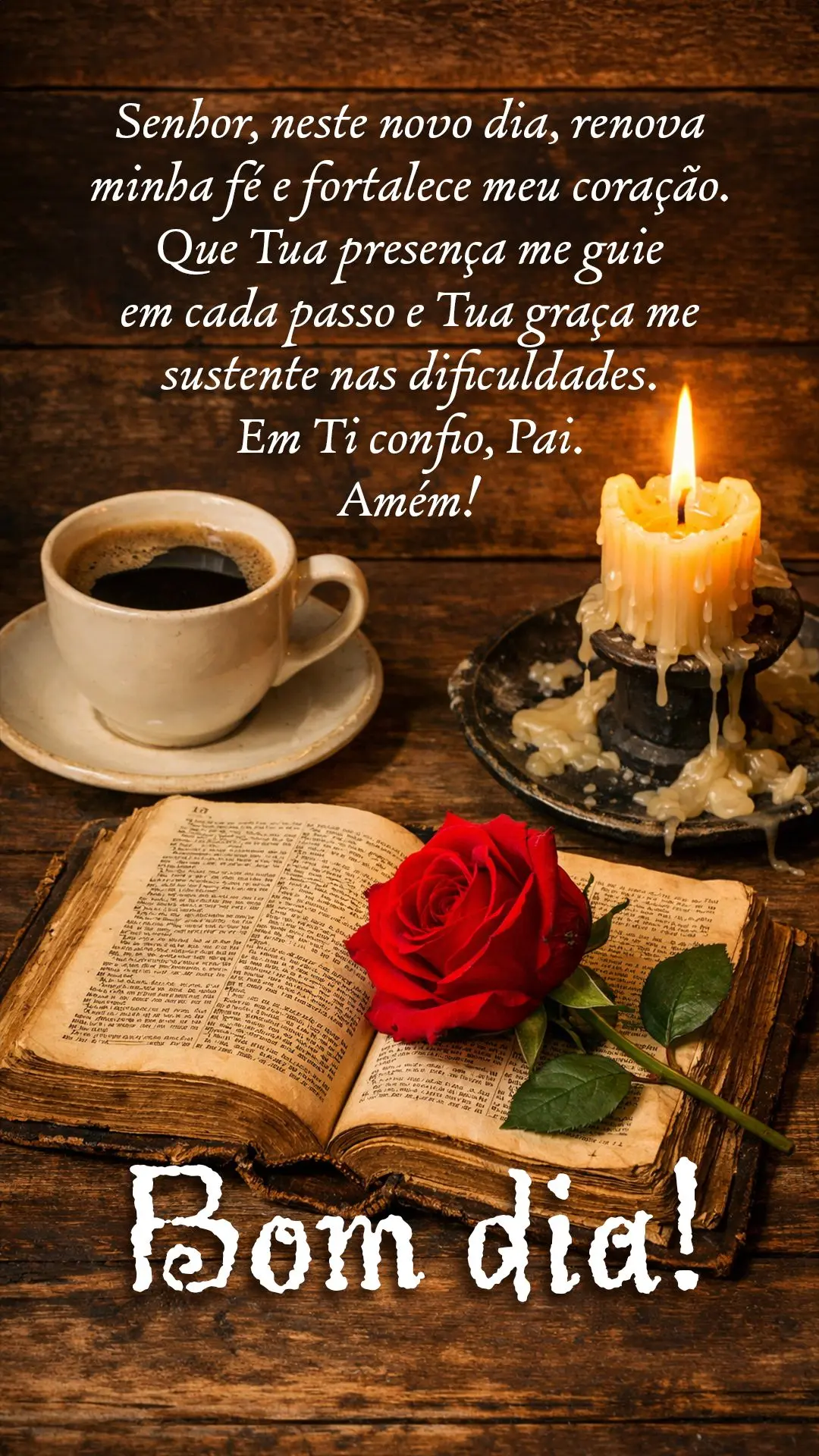 Senhor, neste novo dia, renova minha fé e fortalece meu coração. Que Tua presença me guie em cada passo e Tua graça me sustente nas dificuldades. Em...