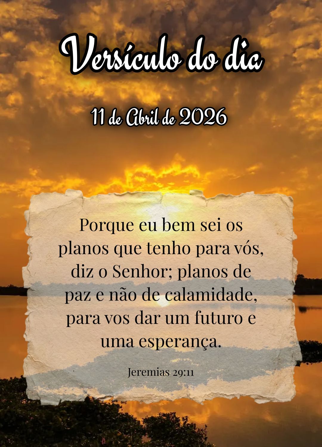 Porque eu bem sei os planos que tenho para vós, diz o Senhor; planos de paz e não de calamidade, para vos dar um futuro e uma esperança. Versículo do...