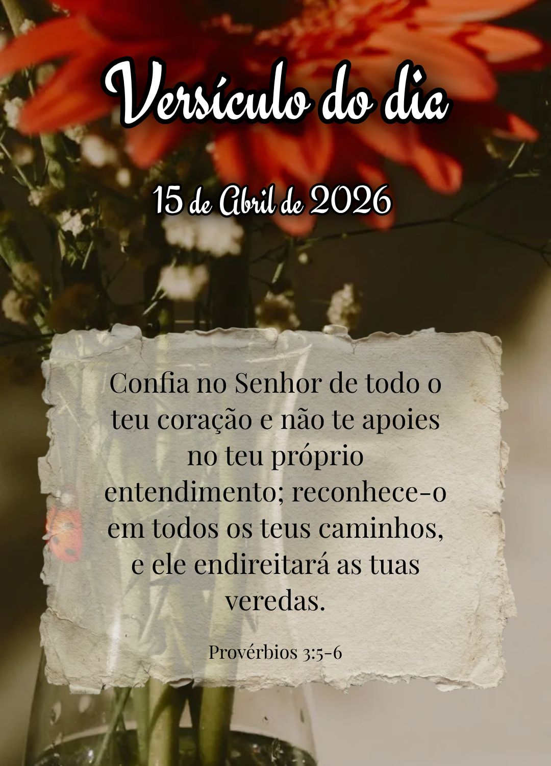 Confia no Senhor de todo o teu coração e não te apoies no teu próprio entendimento; reconhece-o em todos os teus caminhos, e ele endireitará as tuas...