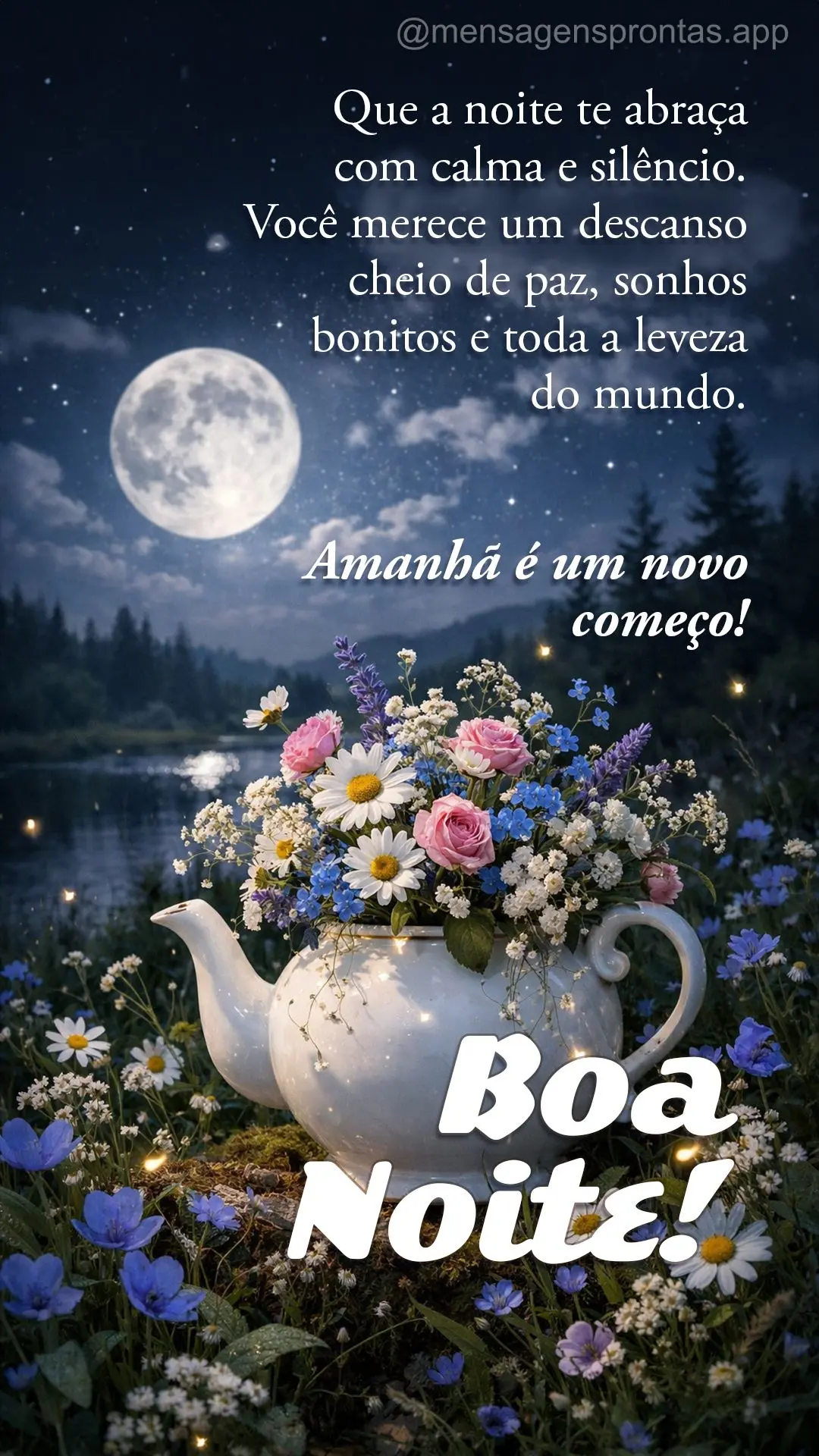 Que a noite te abraça com calma e silêncio. Você merece um descanso cheio de paz, sonhos bonitos e toda a leveza do mundo. Amanhã é um novo começo....