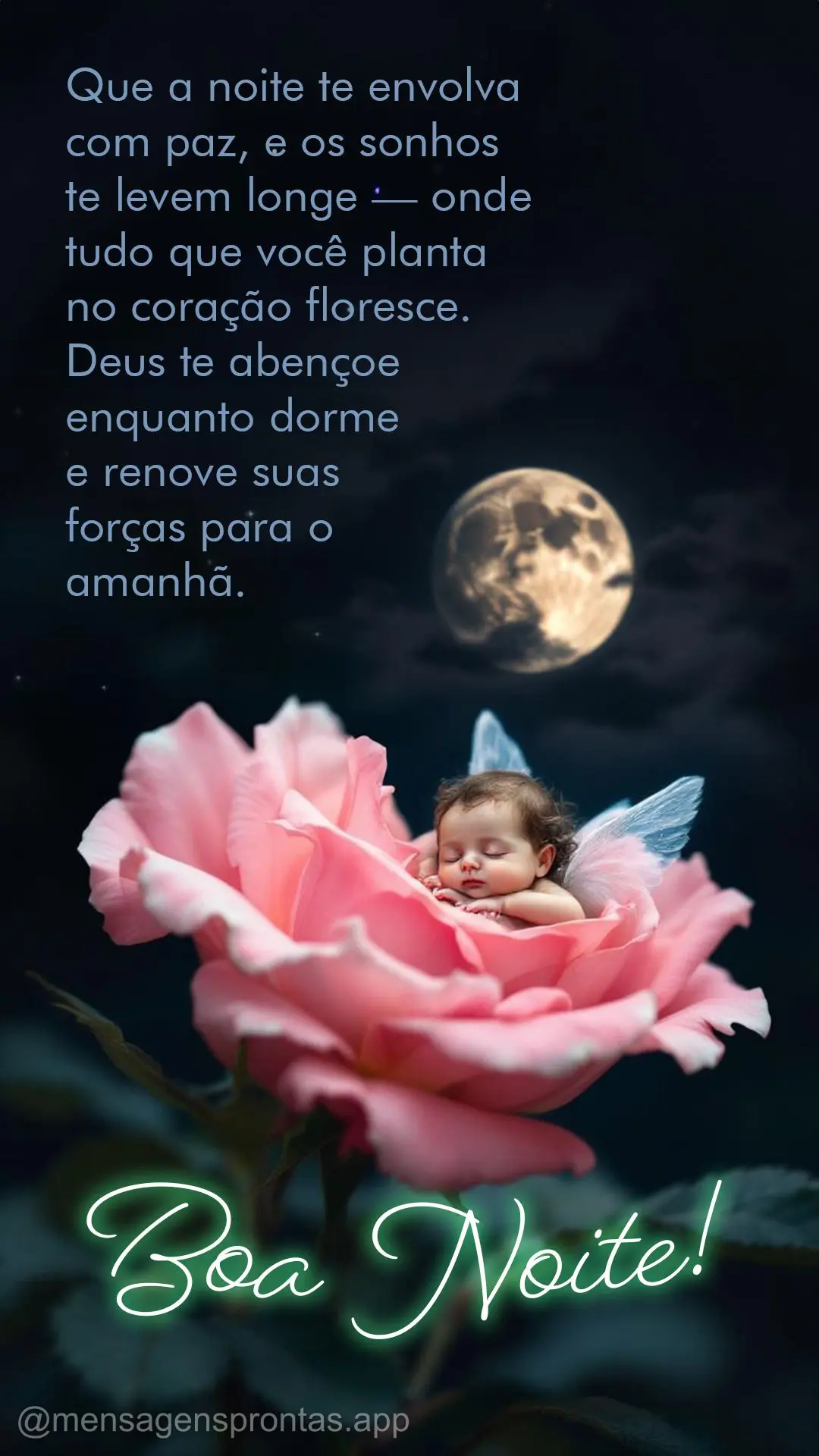 Que a noite te envolva com paz, e os sonhos te levem longe — onde tudo que você planta no coração floresce. Deus te abençoe enquanto dorme e renove...
