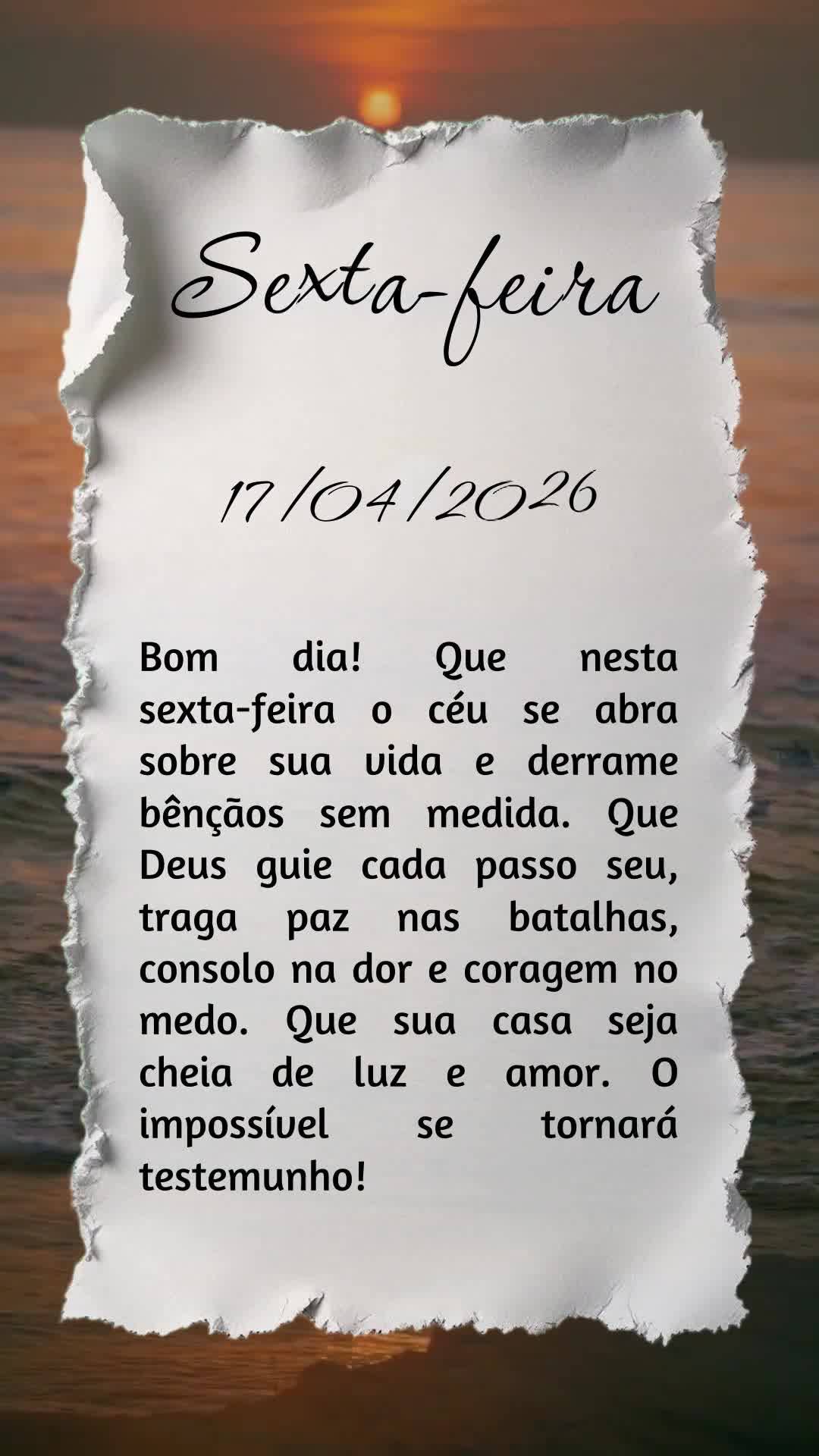 Bom dia! Que nesta sexta-feira o céu se abra sobre sua vida e derrame bênçãos sem medida. Que Deus guie cada passo seu, traga paz nas batalhas, conso...
