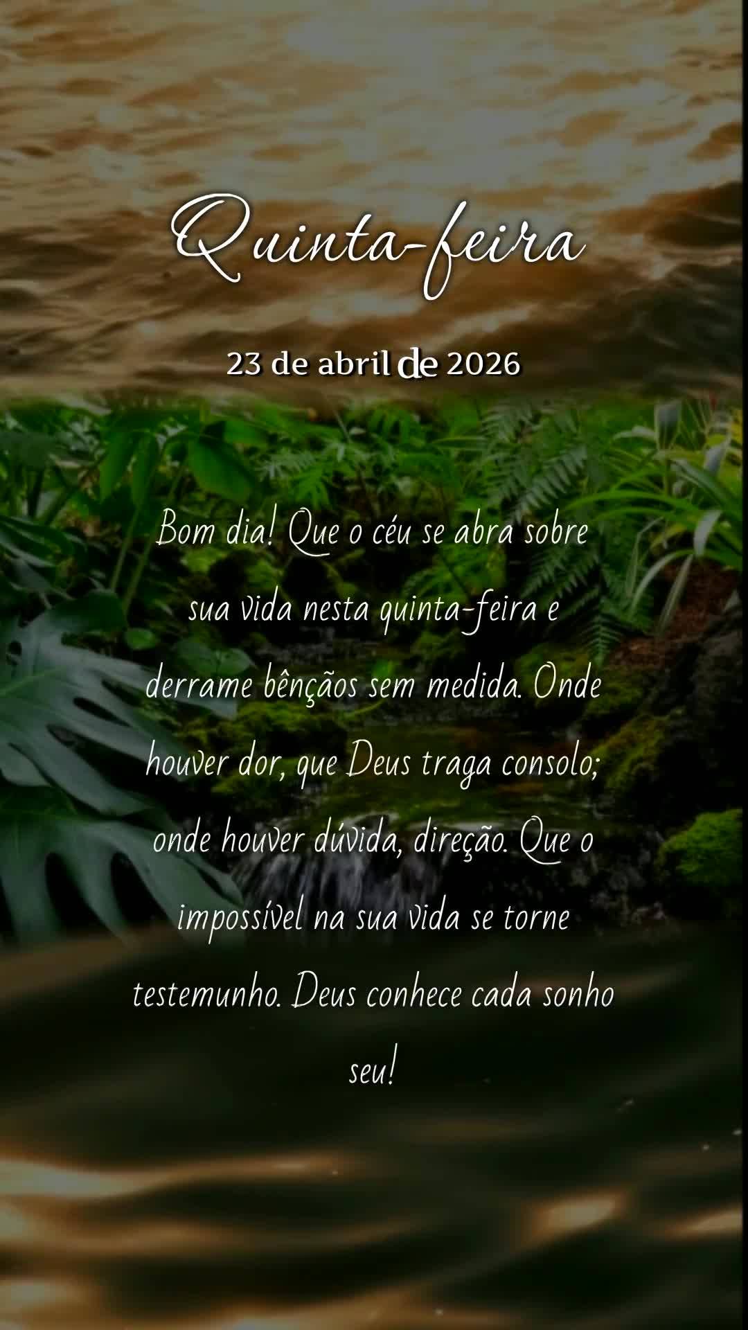 Bom dia! Que o céu se abra sobre sua vida nesta quinta-feira e derrame bênçãos sem medida. Onde houver dor, que Deus traga consolo; onde houver dúvi...