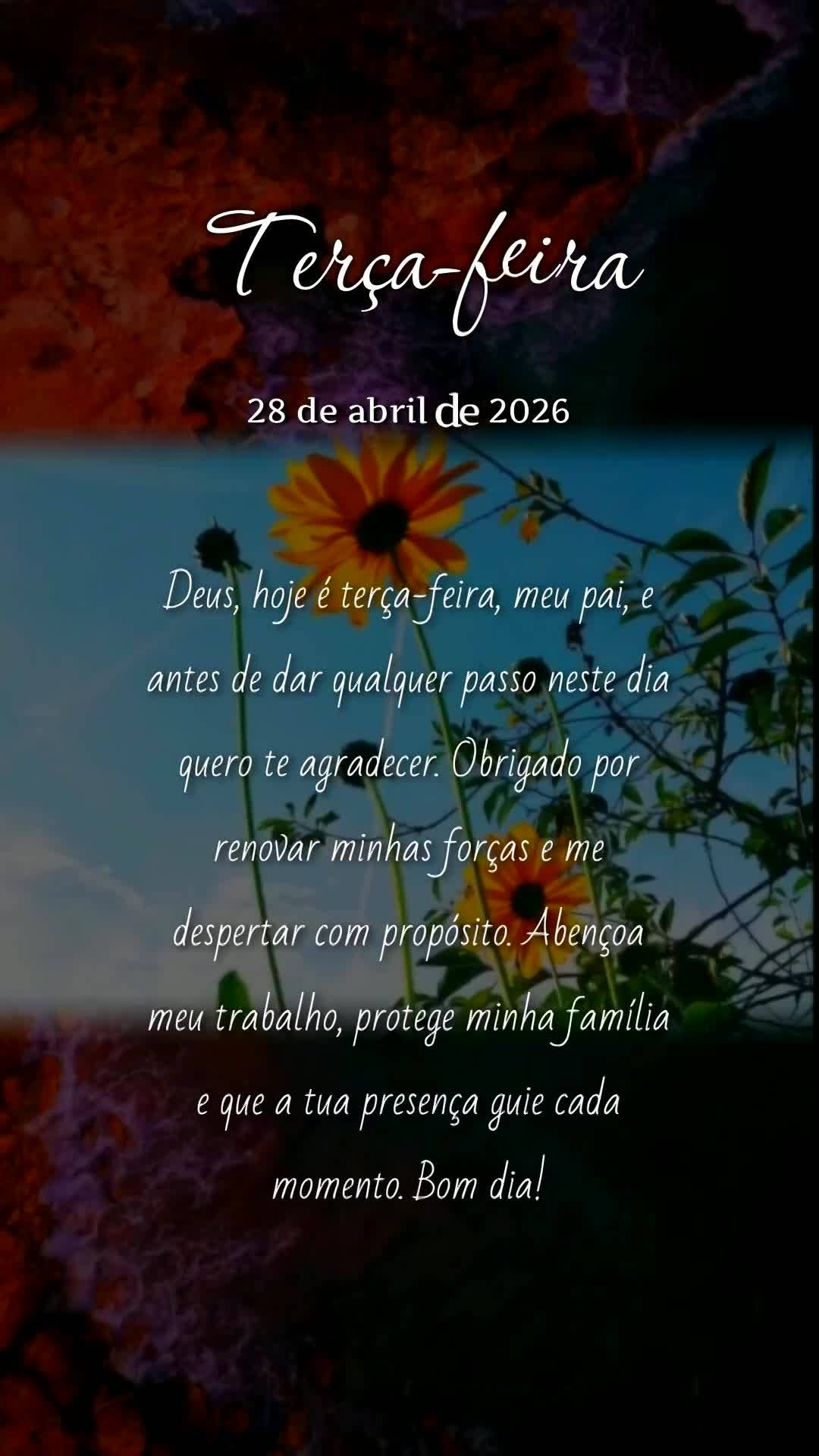 Deus, hoje é terça-feira, meu pai, e antes de dar qualquer passo neste dia quero te agradecer. Obrigado por renovar minhas forças e me despertar com p...
