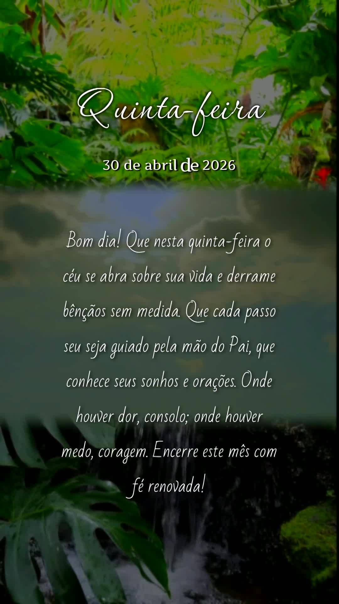 Bom dia! Que nesta quinta-feira o céu se abra sobre sua vida e derrame bênçãos sem medida. Que cada passo seu seja guiado pela mão do Pai, que conhe...