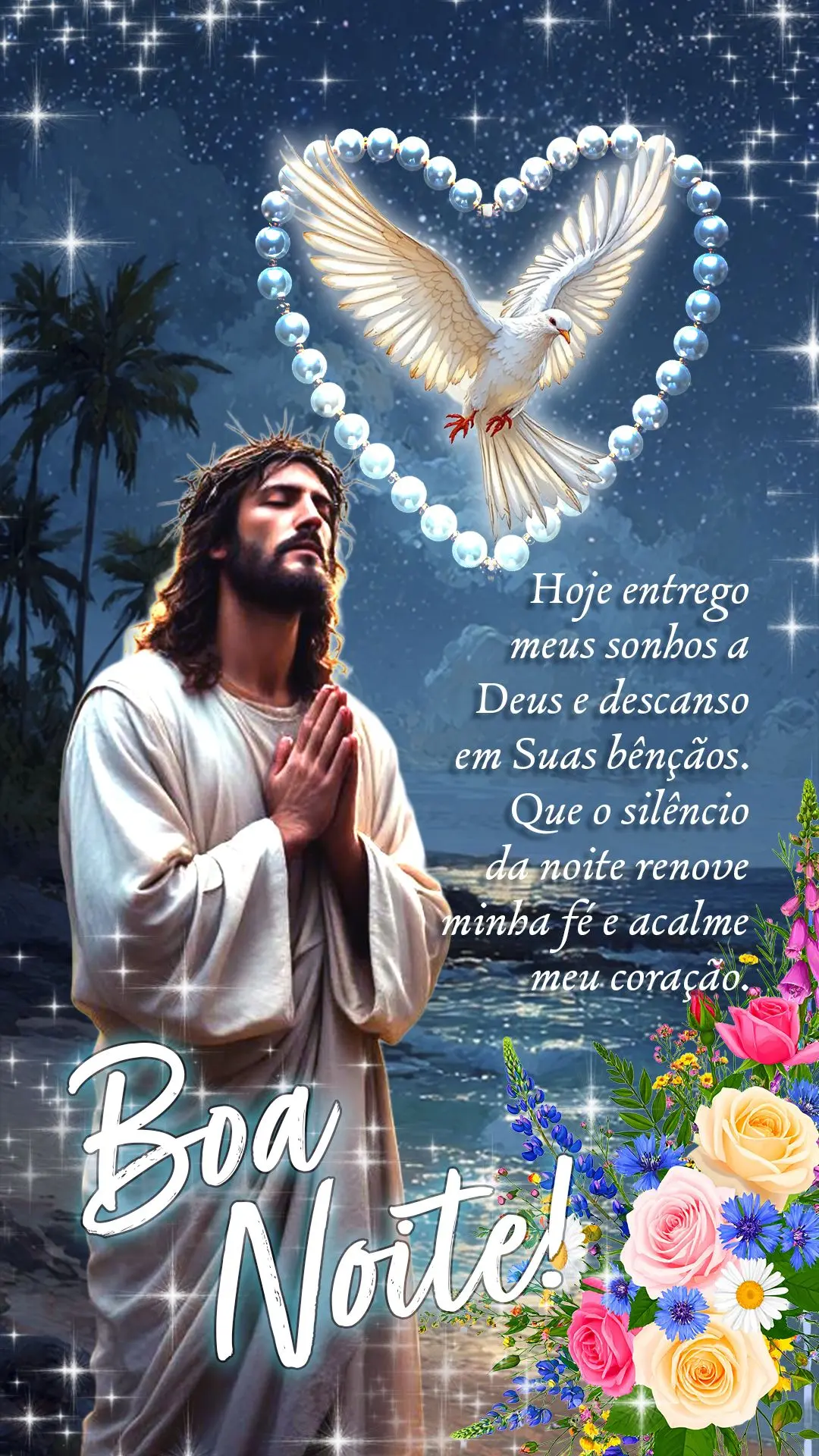 Boa noite. Hoje entrego meus sonhos a Deus e descanso em Suas bênçãos. Que o silêncio da noite renove minha fé e acalme meu coração.