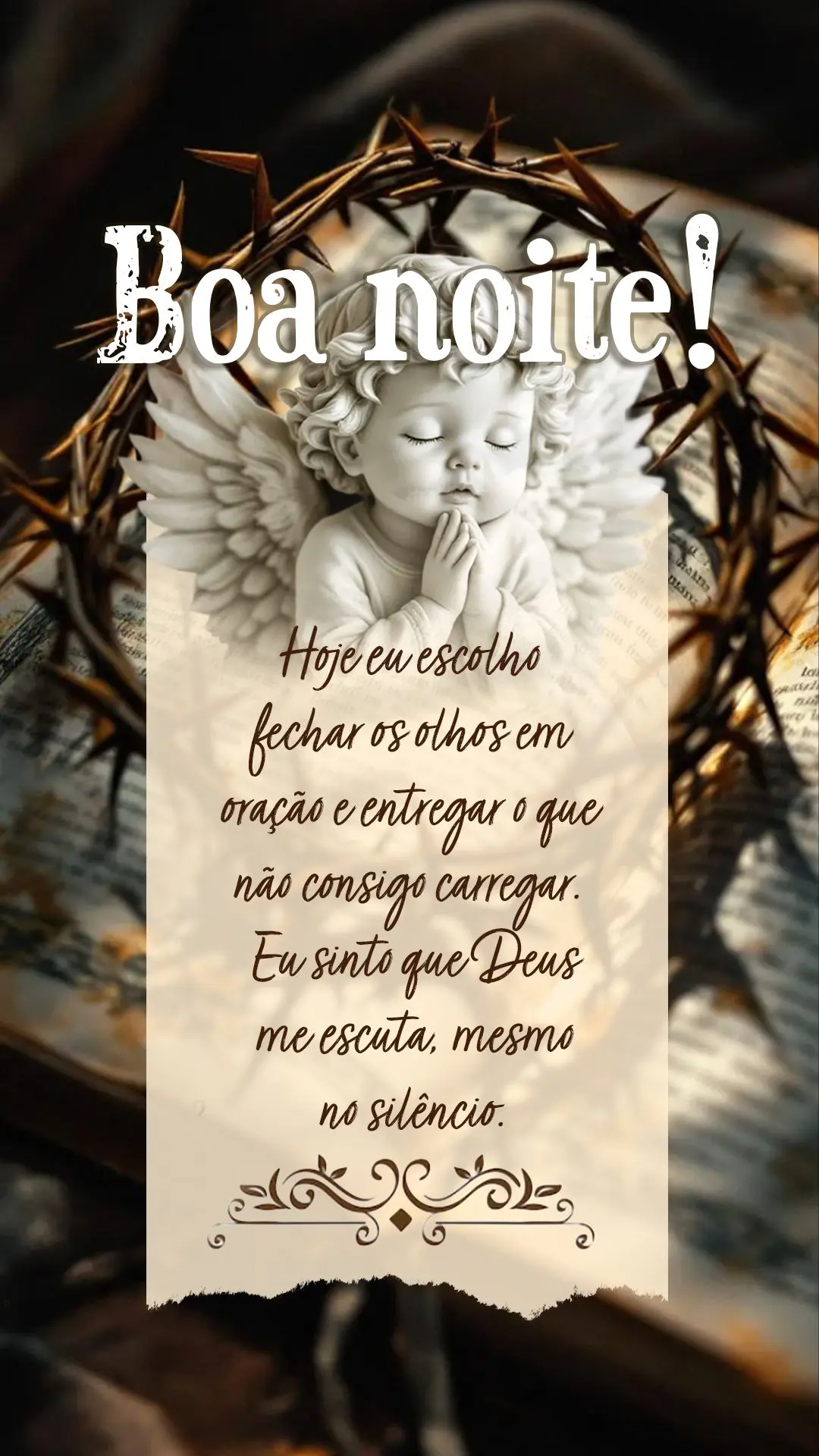 Boa noite. Hoje eu escolho fechar os olhos em oração e entregar o que não consigo carregar. Eu sinto que Deus me escuta, mesmo no silêncio.